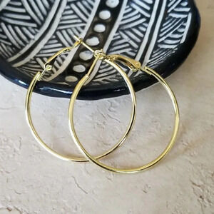 Sleek Gold Tone Large Hoop Earrings 40mm 1.6" Leverback Minimalist Classic